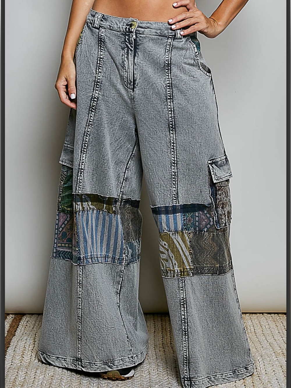 POL Wide Leg Patchwork Charcoal Women's Jeans
